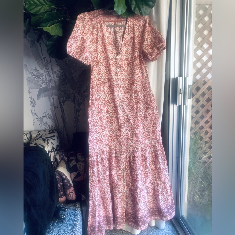 Faherty Indian Cotton button maxi dress Block print S small pink ivory boho sun